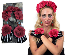 מארז סט שלד מקסיקני יום המתים כולל קשת עגילים וכפפות