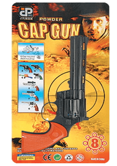 אקדח פיסטול שחור לפיקות; ידית כתומה