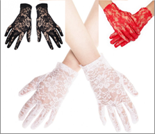 זוג כפפות תחרה קצר 20 ס"מ בשקית PVC  6 יחידות במארז, 3 שחור, 2 לבן, 1 אדום