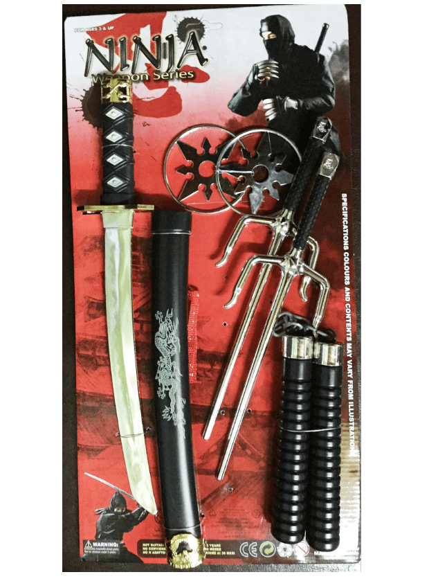 סט נינג'ה גדול הכולל נונצ'קו, דיסקיות פגיונות וחרב 50 ס"מ
