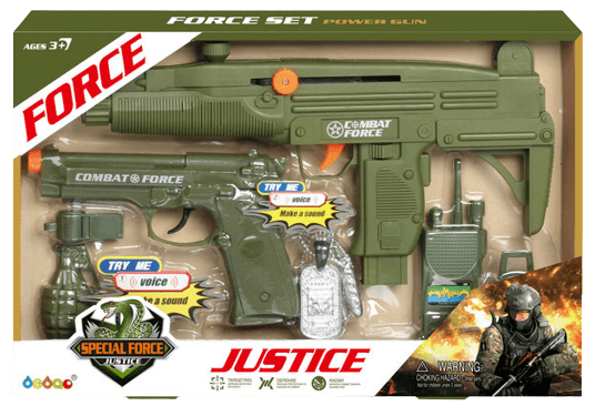 סט צבאי כולל רובה חריקה, אקדח, מכשיר קשר ורימון